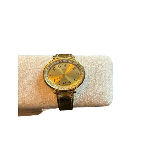 Collezio Gold Analog Watch With Rhinestone Bezel & Leather Strap - Picture 1 of 9